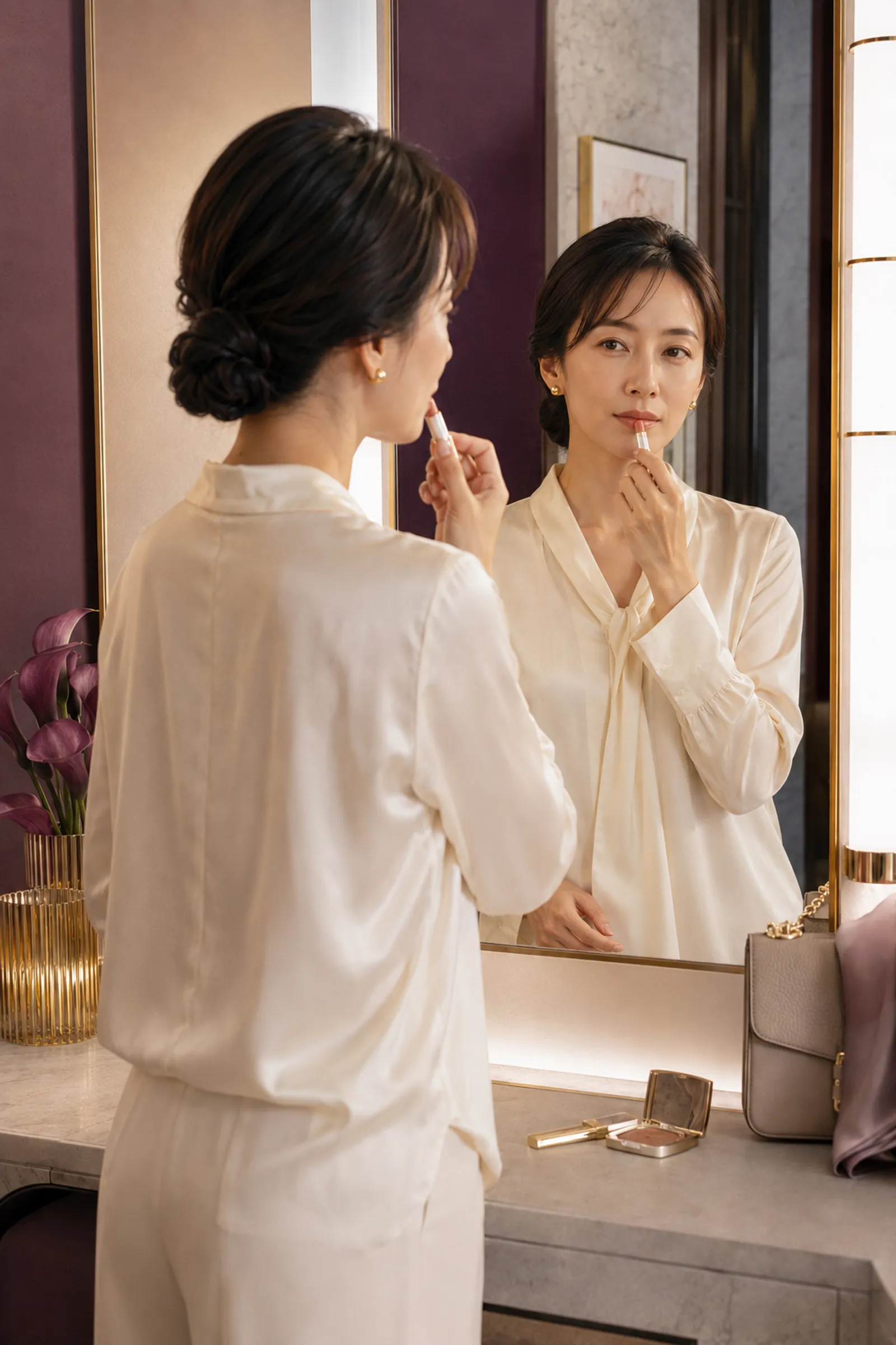 利用後に身支度を整え、日常へ戻る女性