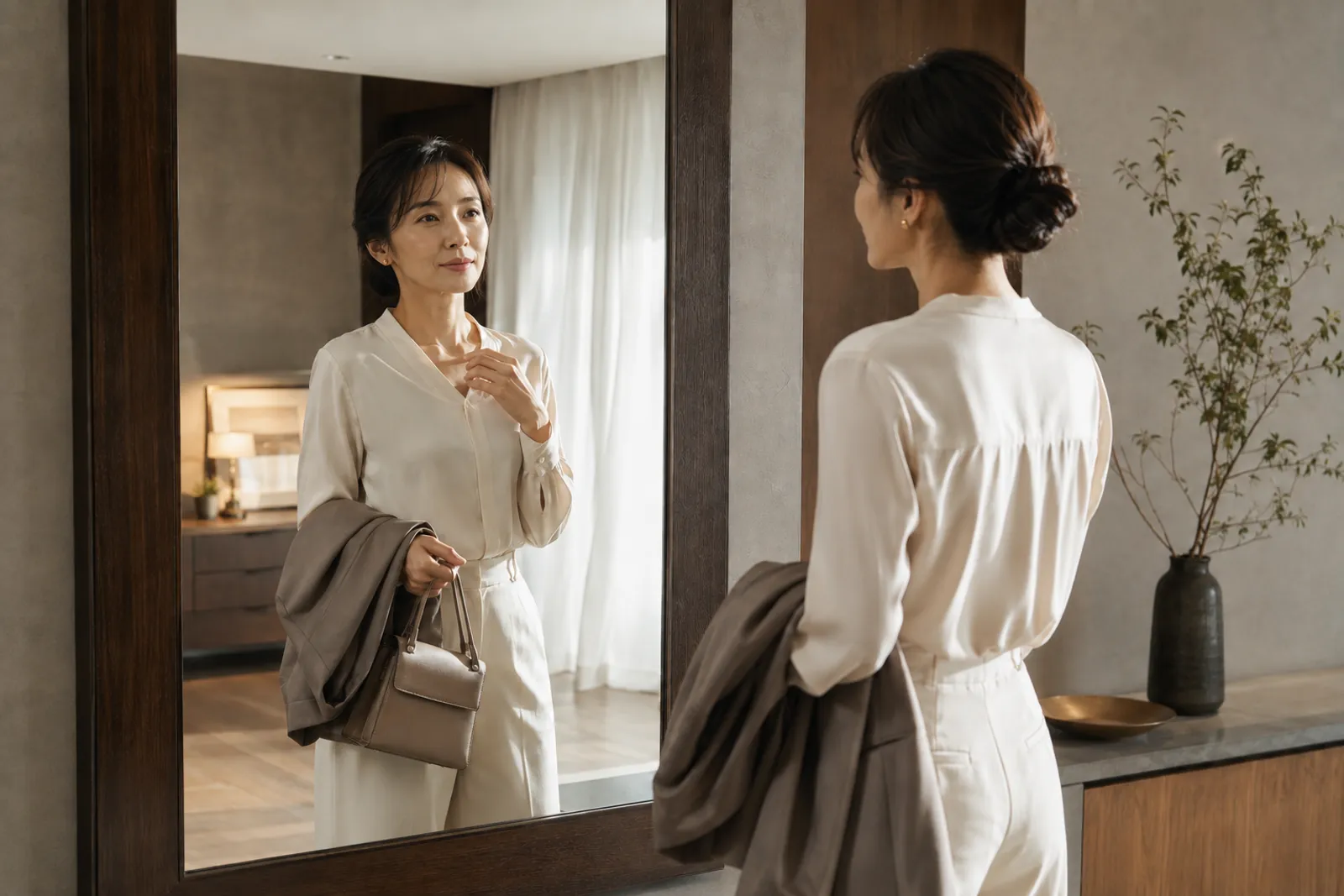 外出前に鏡の前で口元の印象を確かめる女性