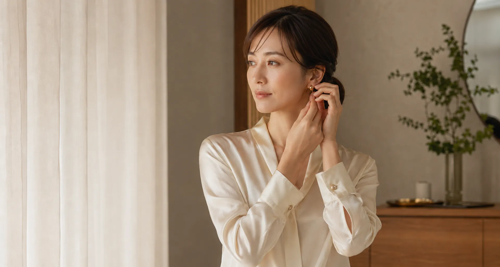 外出前の静かな時間に身支度を整える女性